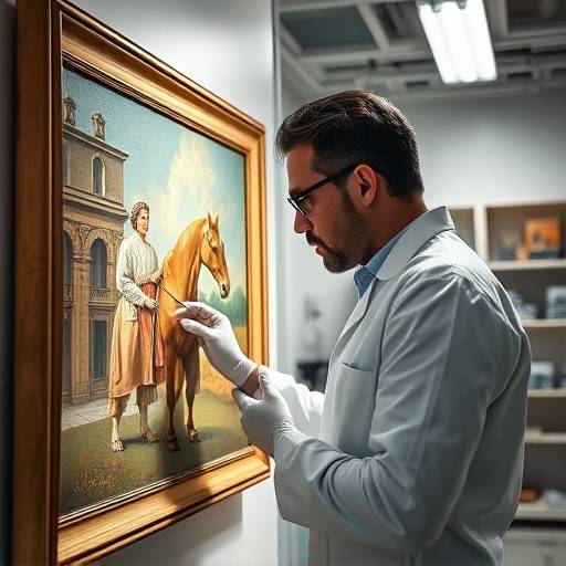 A conservator carefully examining a painting under specialized lights in a modern art conservation laboratory.