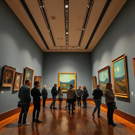 A gallery interior showing several iconic Van Gogh paintings on display, with visitors observing them respectfully.