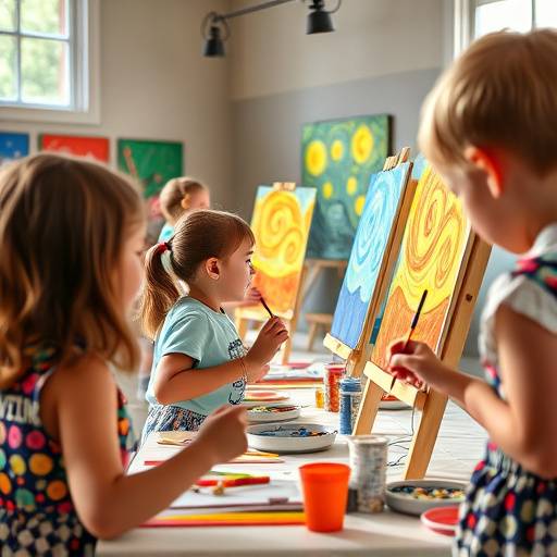 Children engaged in an art workshop, painting with bright colors, inspired by Van Gogh's style, inside the museum.