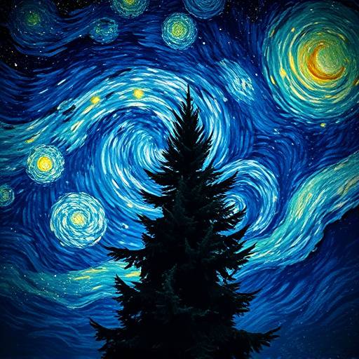 Close-up of the swirling, vibrant sky in Van Gogh's 'The Starry Night,' showcasing its impasto texture and iconic cypress tree.