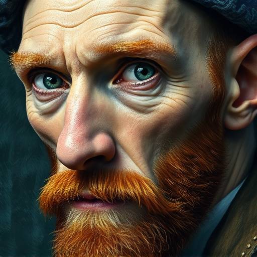 Close-up of Van Gogh's intense self-portrait, showing his piercing gaze, bandaged ear, and the thick impasto texture of his brushstrokes.