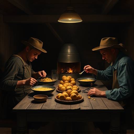 Dark, realistic painting of Dutch peasants eating potatoes around a table, depicting a scene of humble life.