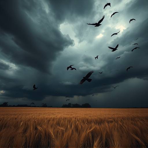 Dramatic painting of a dark, ominous sky over a golden wheatfield with black crows flying, one of Van Gogh's last works.