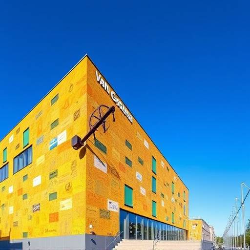 Exterior view of the modern Van Gogh Museum building in Amsterdam under a clear sky.