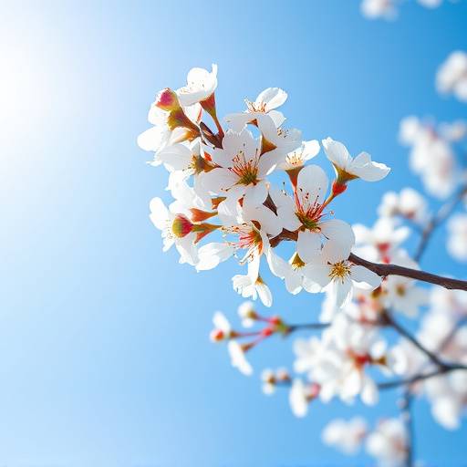 Painting of delicate white almond blossoms against a bright blue sky, a symbol of new life and hope.