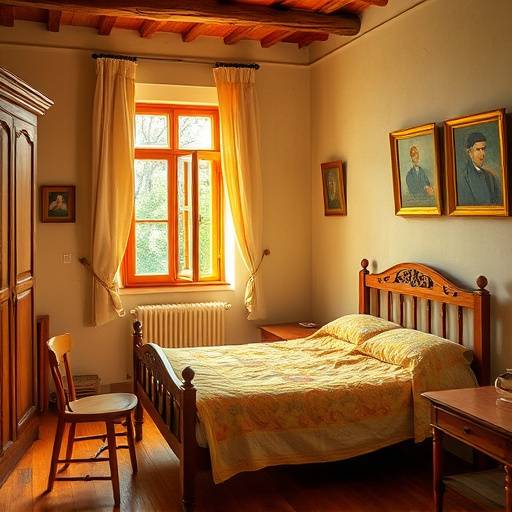 Simple, colorful painting of Van Gogh's bedroom in Arles with a wooden bed, two chairs, and paintings on the wall.