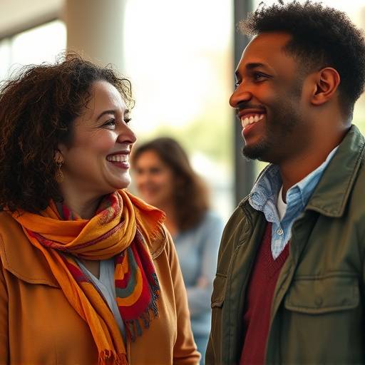 Two diverse people engaged in a friendly conversation, symbolizing open communication and welcoming feedback.