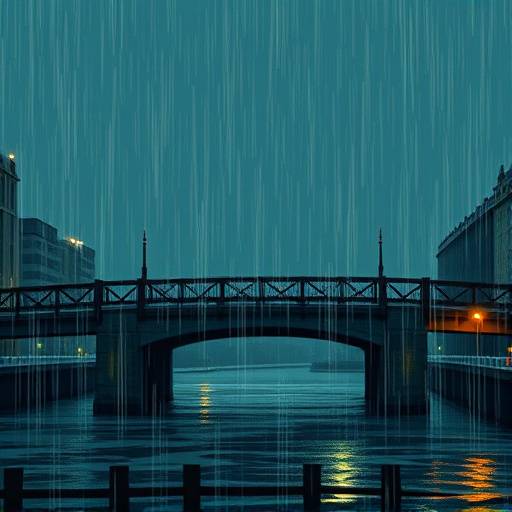 Van Gogh's painting 'Bridge in the Rain (after Hiroshige)' showing clear influence of Japanese woodblock prints with bold lines and flat colours of a rain-swept bridge.