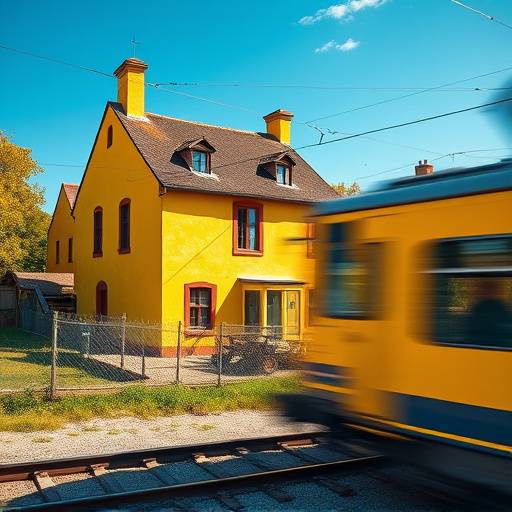Vibrant painting of a yellow house under a bright blue sky with a train passing by, depicting Van Gogh's home in Arles.