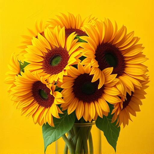 Vibrant painting of sunflowers in a vase against a yellow background, a famous work by Van Gogh.